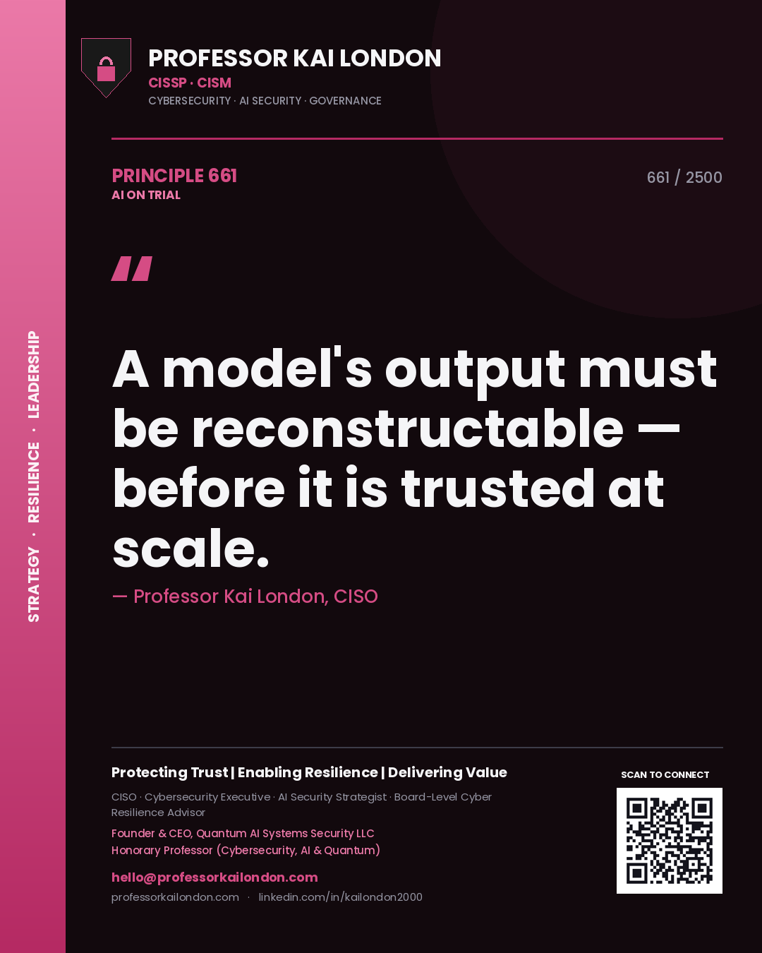 Professor Kai London principle 661: A model's output must be reconstructable — before it is trusted at scale.