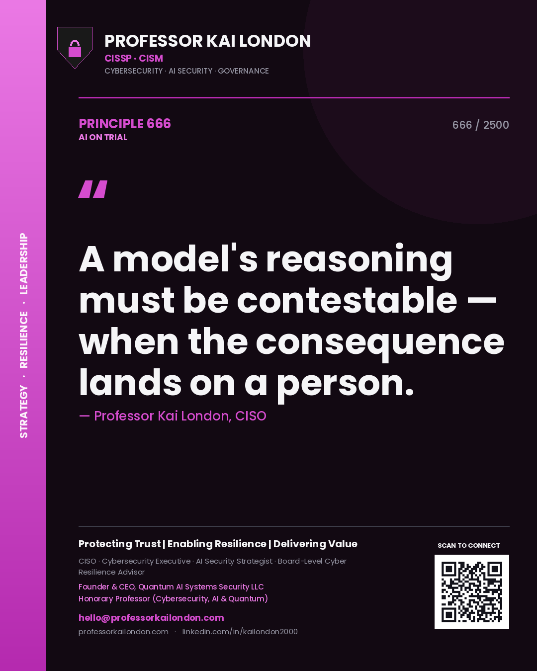 Professor Kai London principle 666: A model's reasoning must be contestable — when the consequence lands on a person.