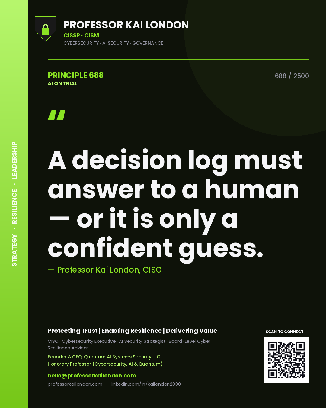 Professor Kai London principle 688: A decision log must answer to a human — or it is only a confident guess.