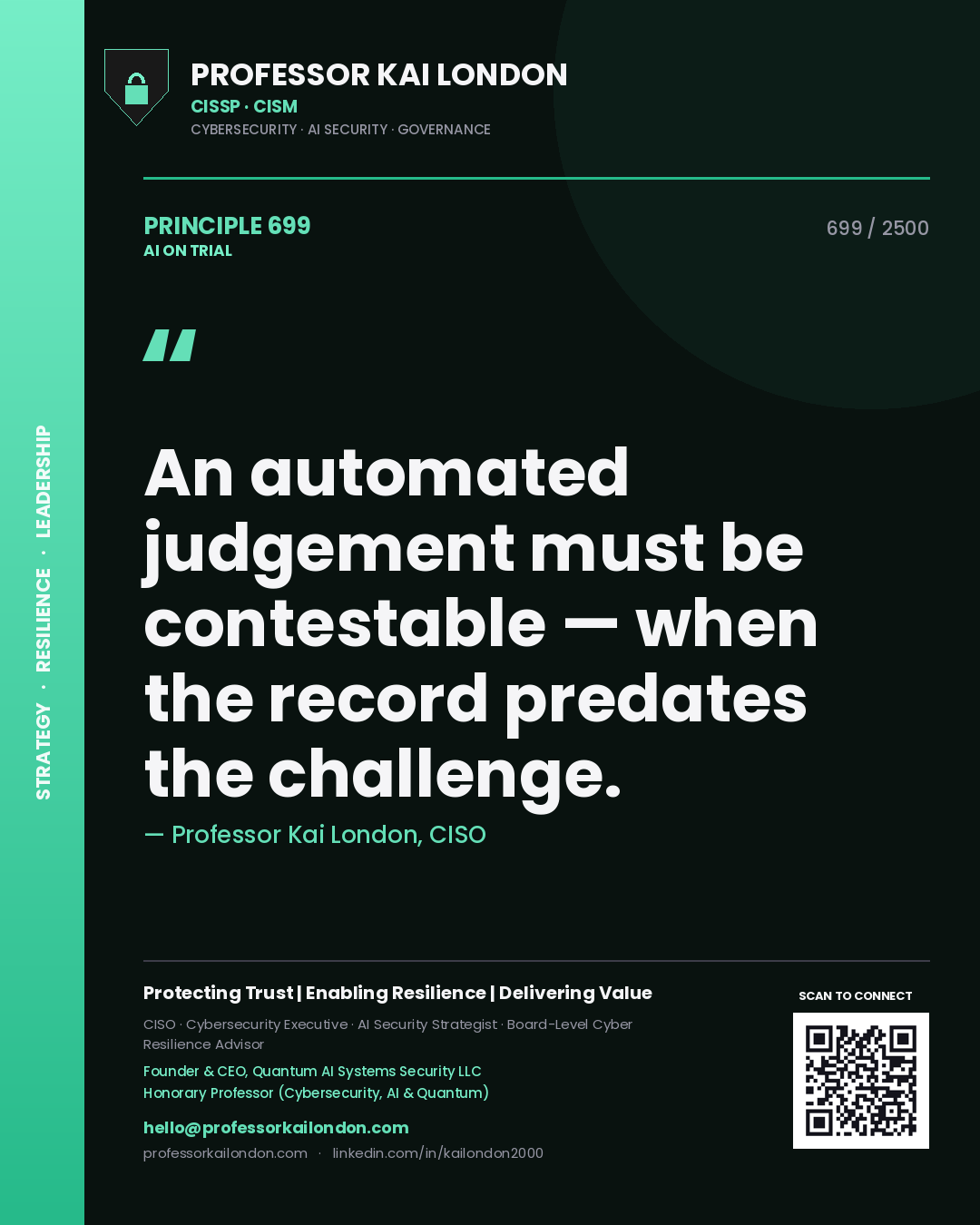 Professor Kai London principle 699: An automated judgement must be contestable — when the record predates the challenge.