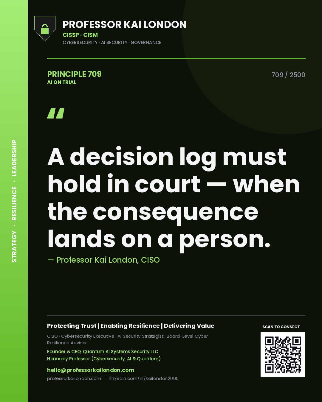 Professor Kai London principle 709: A decision log must hold in court — when the consequence lands on a person.