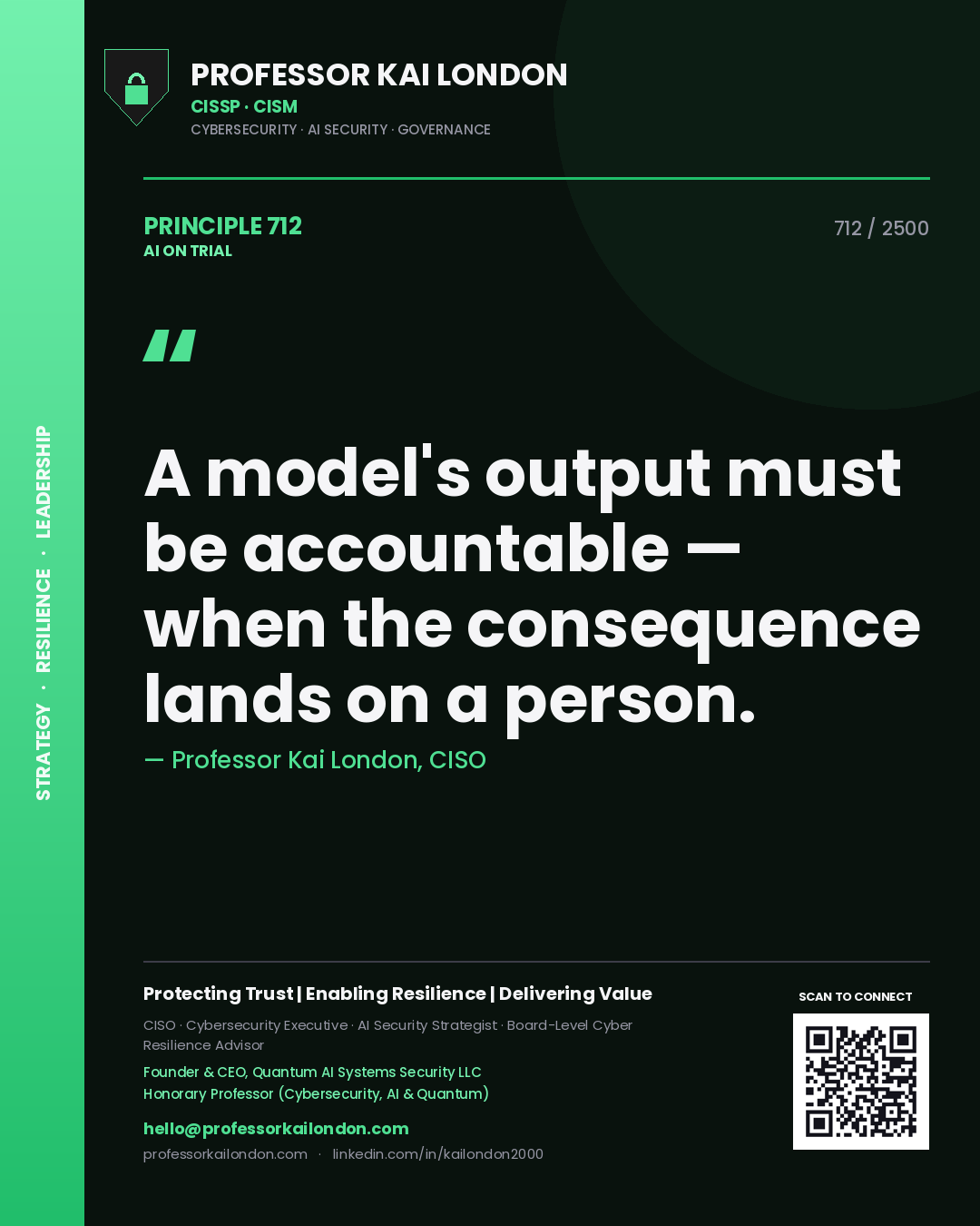 Professor Kai London principle 712: A model's output must be accountable — when the consequence lands on a person.