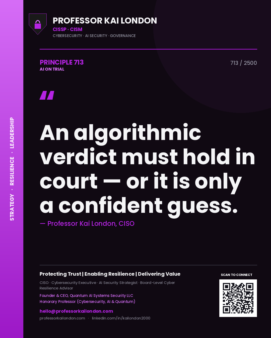 Professor Kai London principle 713: An algorithmic verdict must hold in court — or it is only a confident guess.