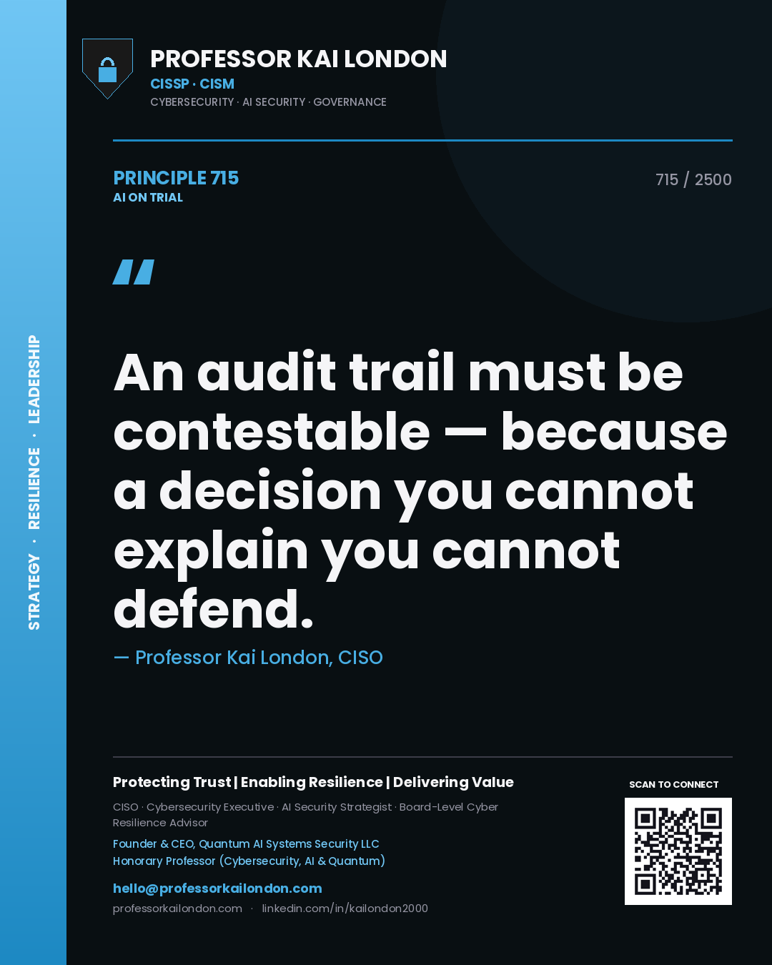 Professor Kai London principle 715: An audit trail must be contestable — because a decision you cannot explain you cannot defend.