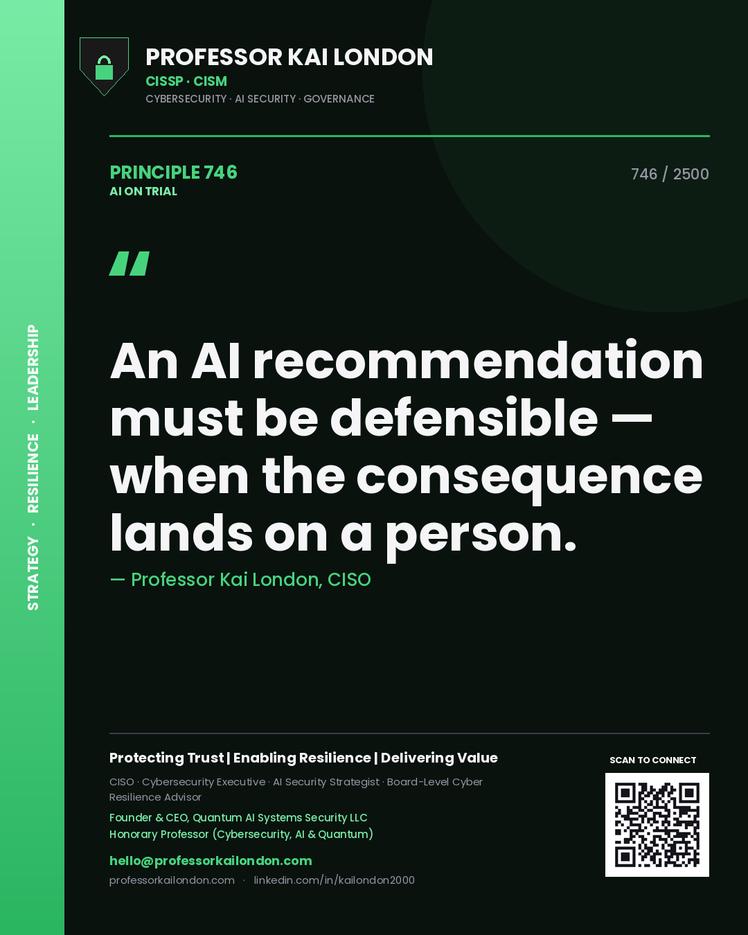 Professor Kai London principle 746: An AI recommendation must be defensible — when the consequence lands on a person.