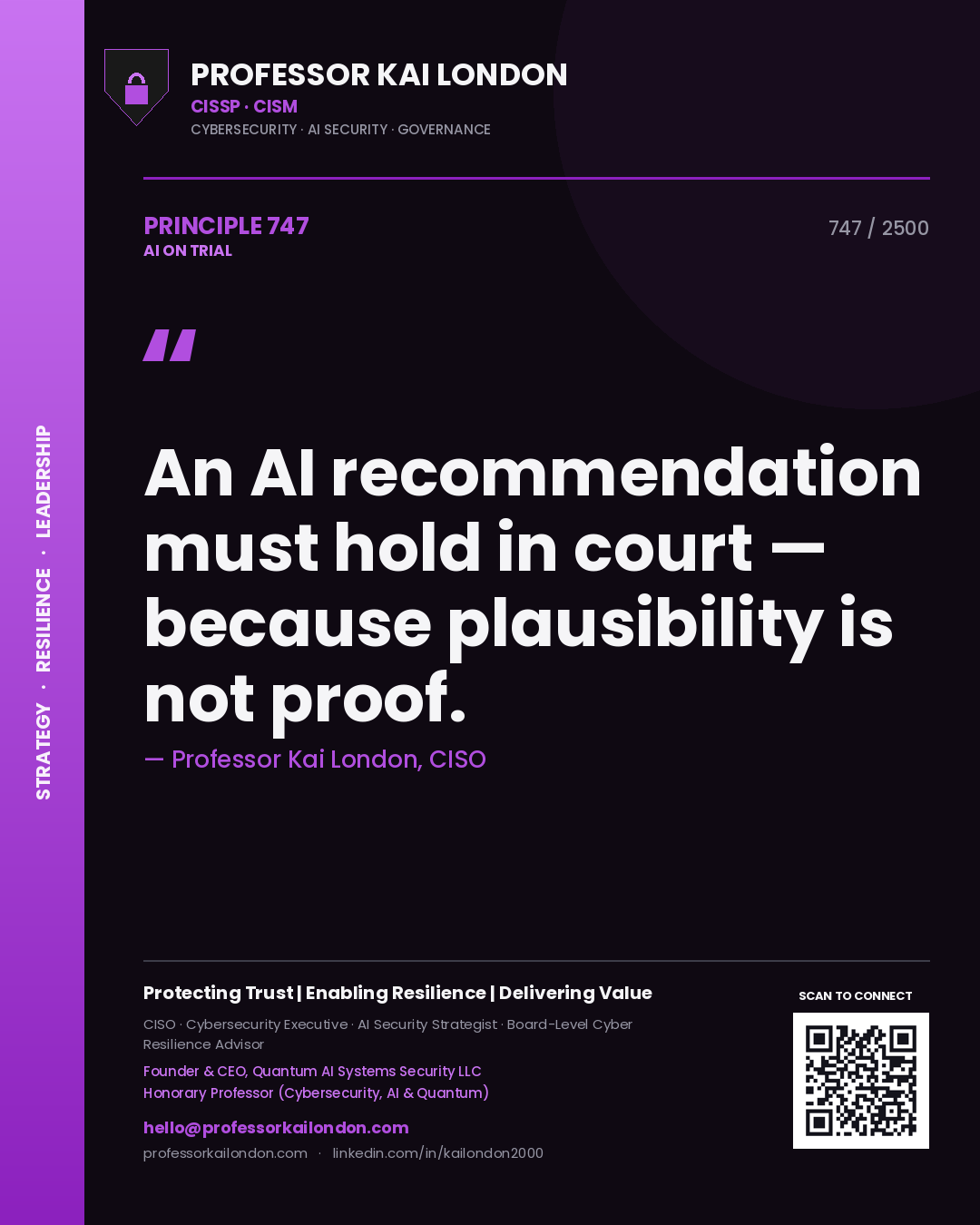 Professor Kai London principle 747: An AI recommendation must hold in court — because plausibility is not proof.