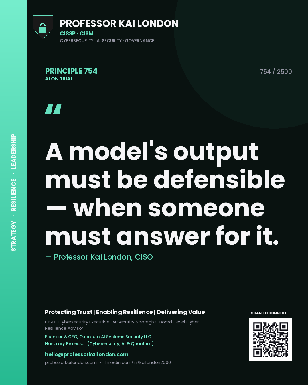 Professor Kai London principle 754: A model's output must be defensible — when someone must answer for it.
