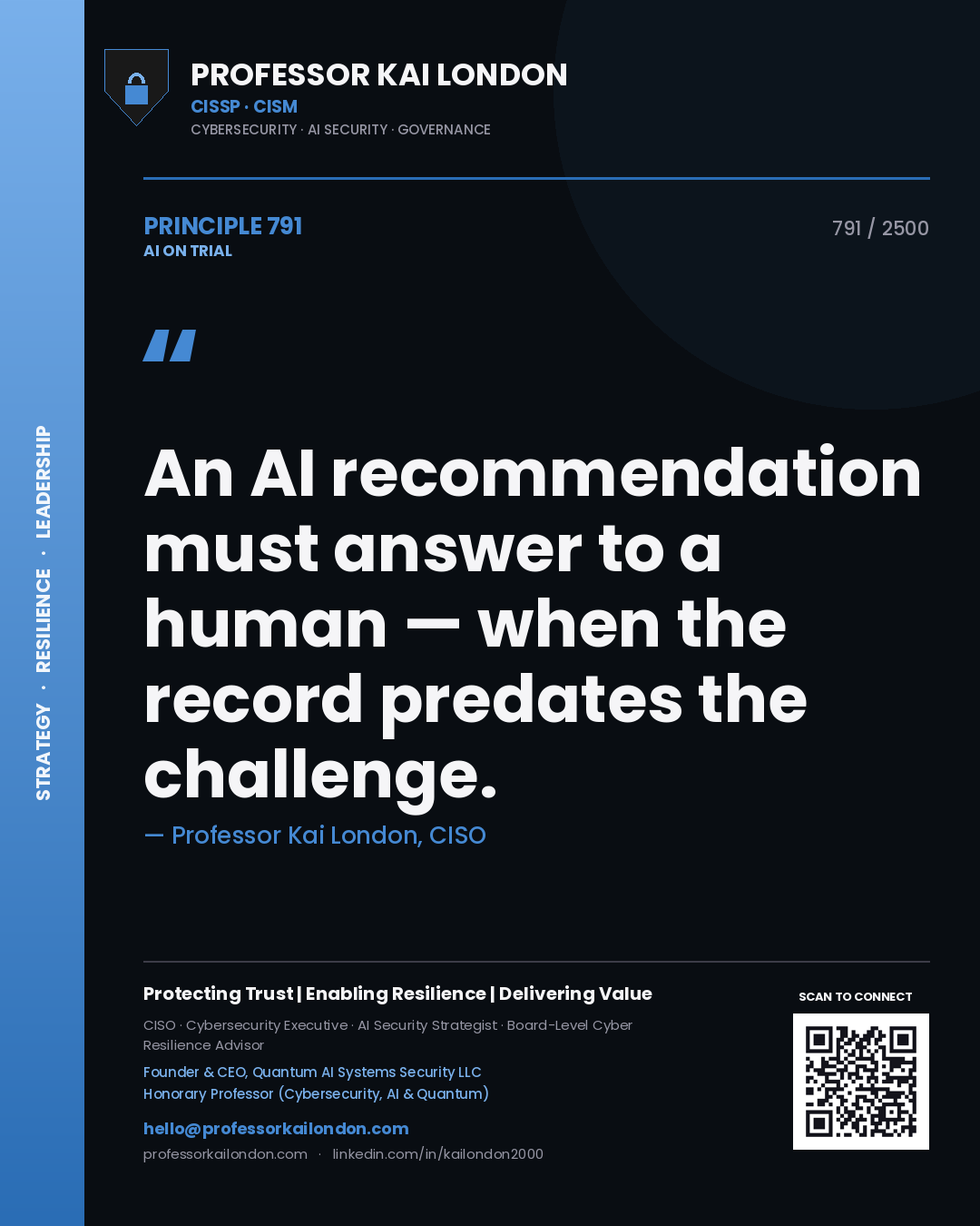 Professor Kai London principle 791: An AI recommendation must answer to a human — when the record predates the challenge.