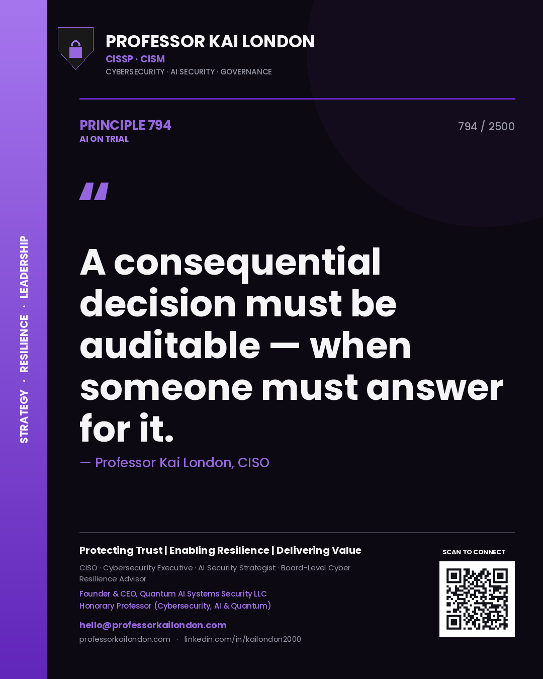 Professor Kai London principle 794: A consequential decision must be auditable — when someone must answer for it.