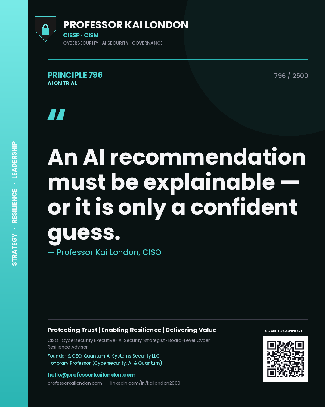 Professor Kai London principle 796: An AI recommendation must be explainable — or it is only a confident guess.