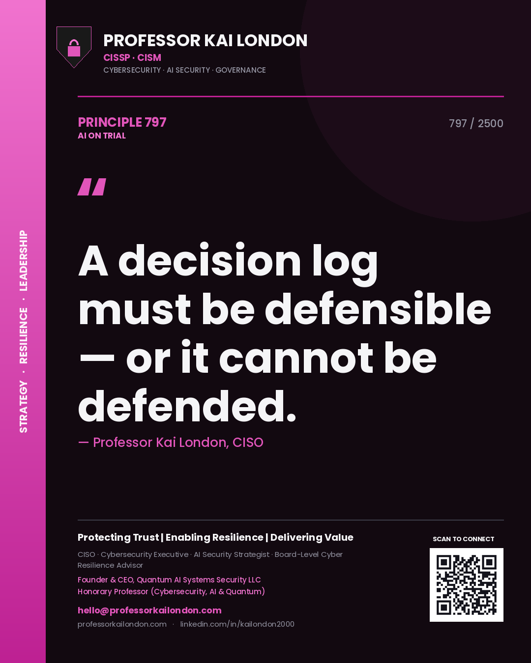 Professor Kai London principle 797: A decision log must be defensible — or it cannot be defended.