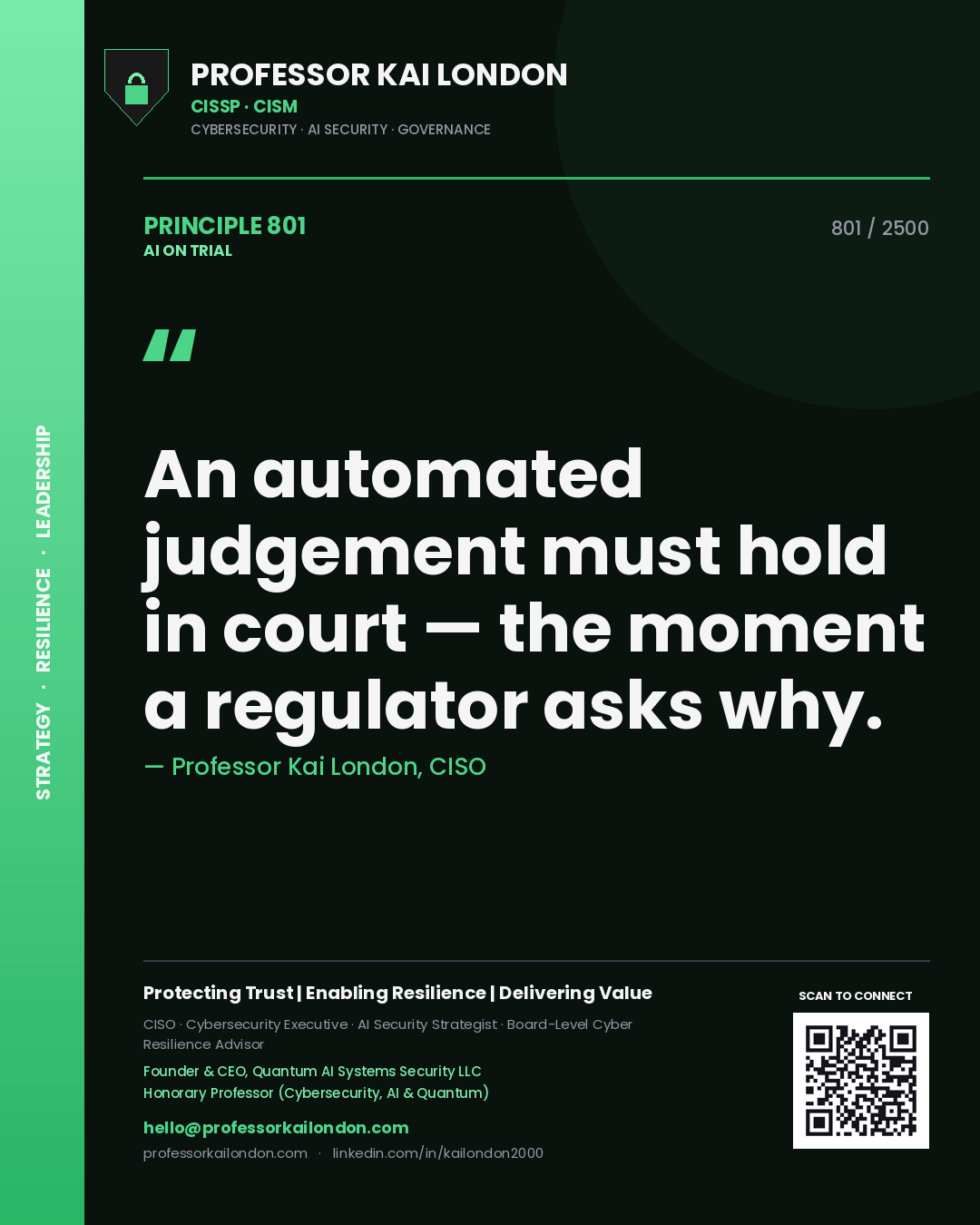Professor Kai London principle 801: An automated judgement must hold in court — the moment a regulator asks why.