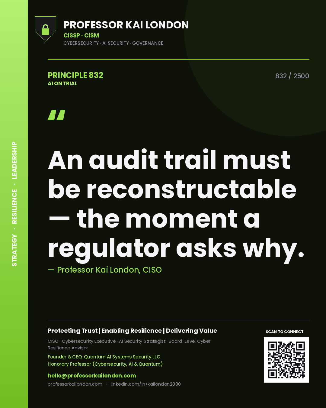 Professor Kai London principle 832: An audit trail must be reconstructable — the moment a regulator asks why.