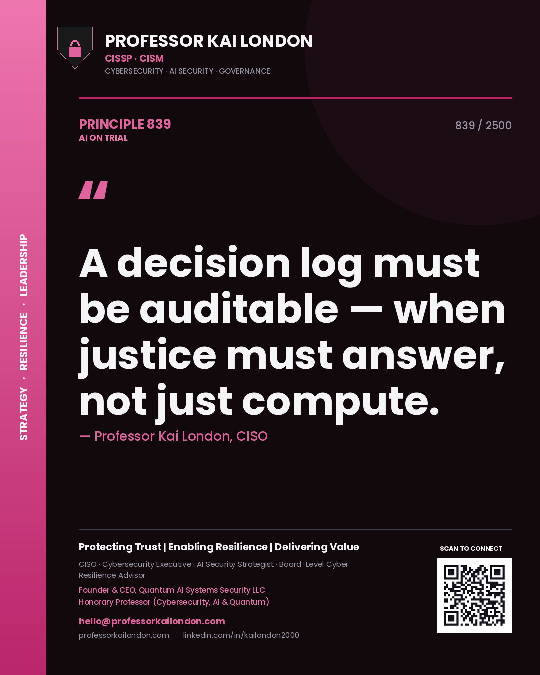 Professor Kai London principle 839: A decision log must be auditable — when justice must answer, not just compute.