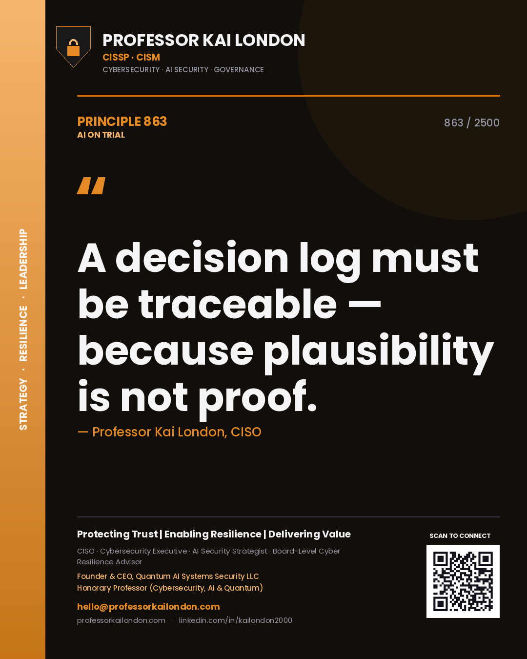 Professor Kai London principle 863: A decision log must be traceable — because plausibility is not proof.
