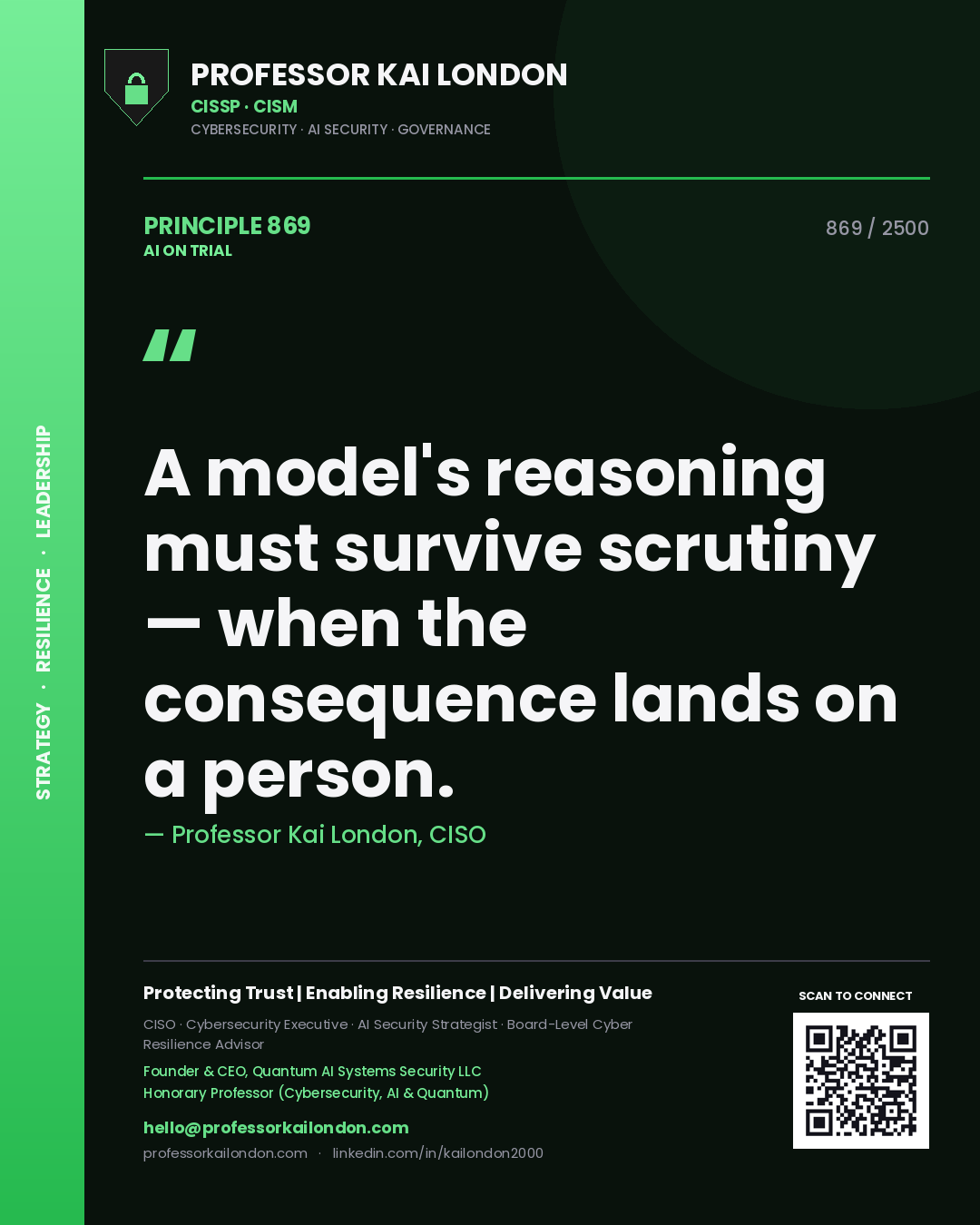 Professor Kai London principle 869: A model's reasoning must survive scrutiny — when the consequence lands on a person.