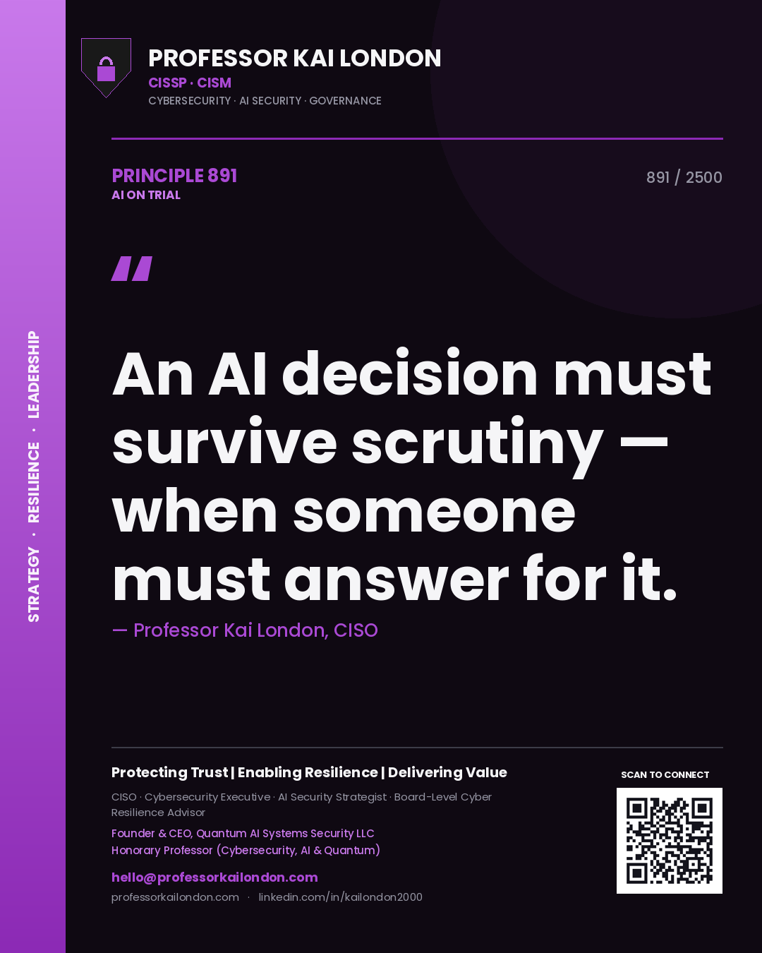 Professor Kai London principle 891: An AI decision must survive scrutiny — when someone must answer for it.