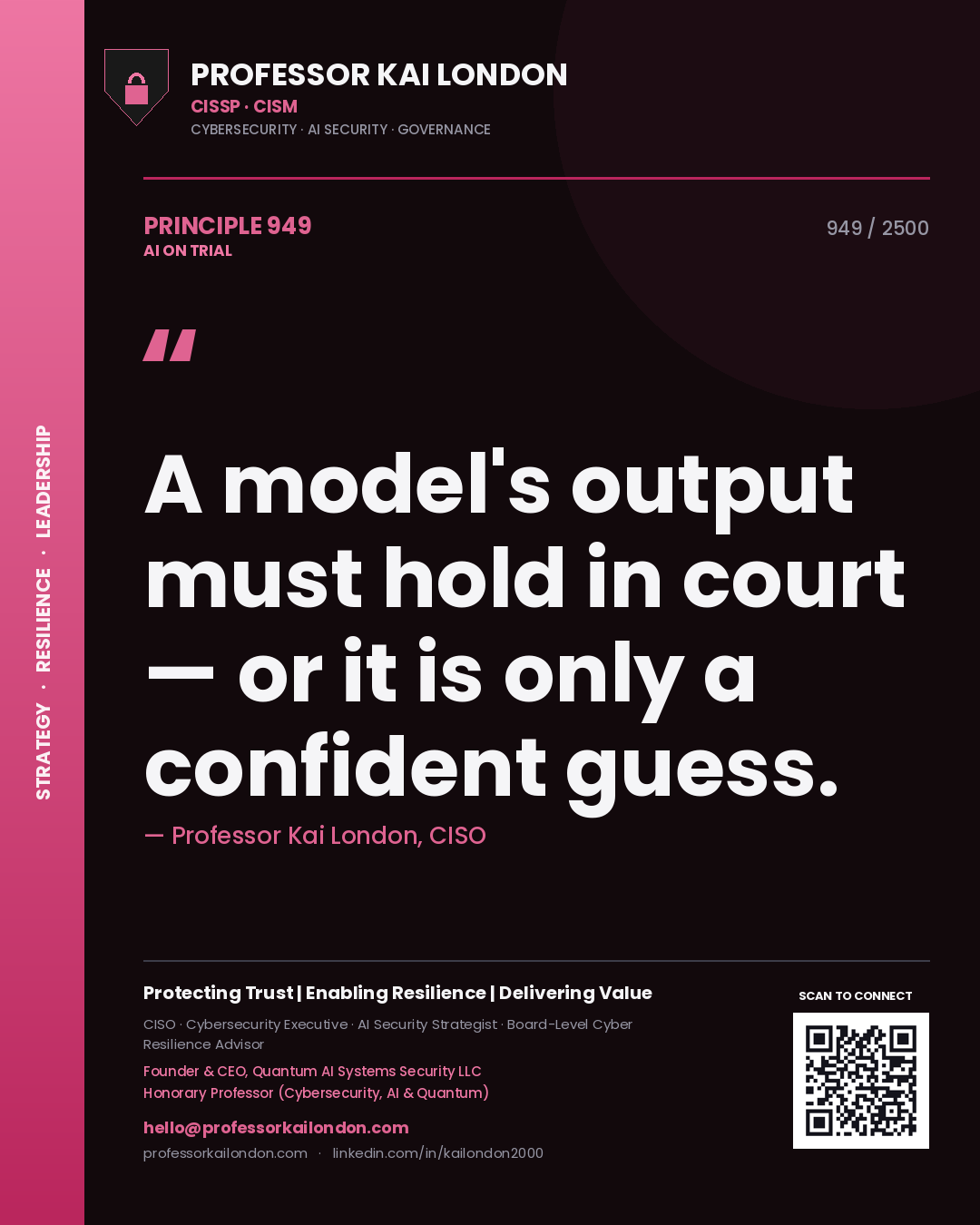 Professor Kai London principle 949: A model's output must hold in court — or it is only a confident guess.