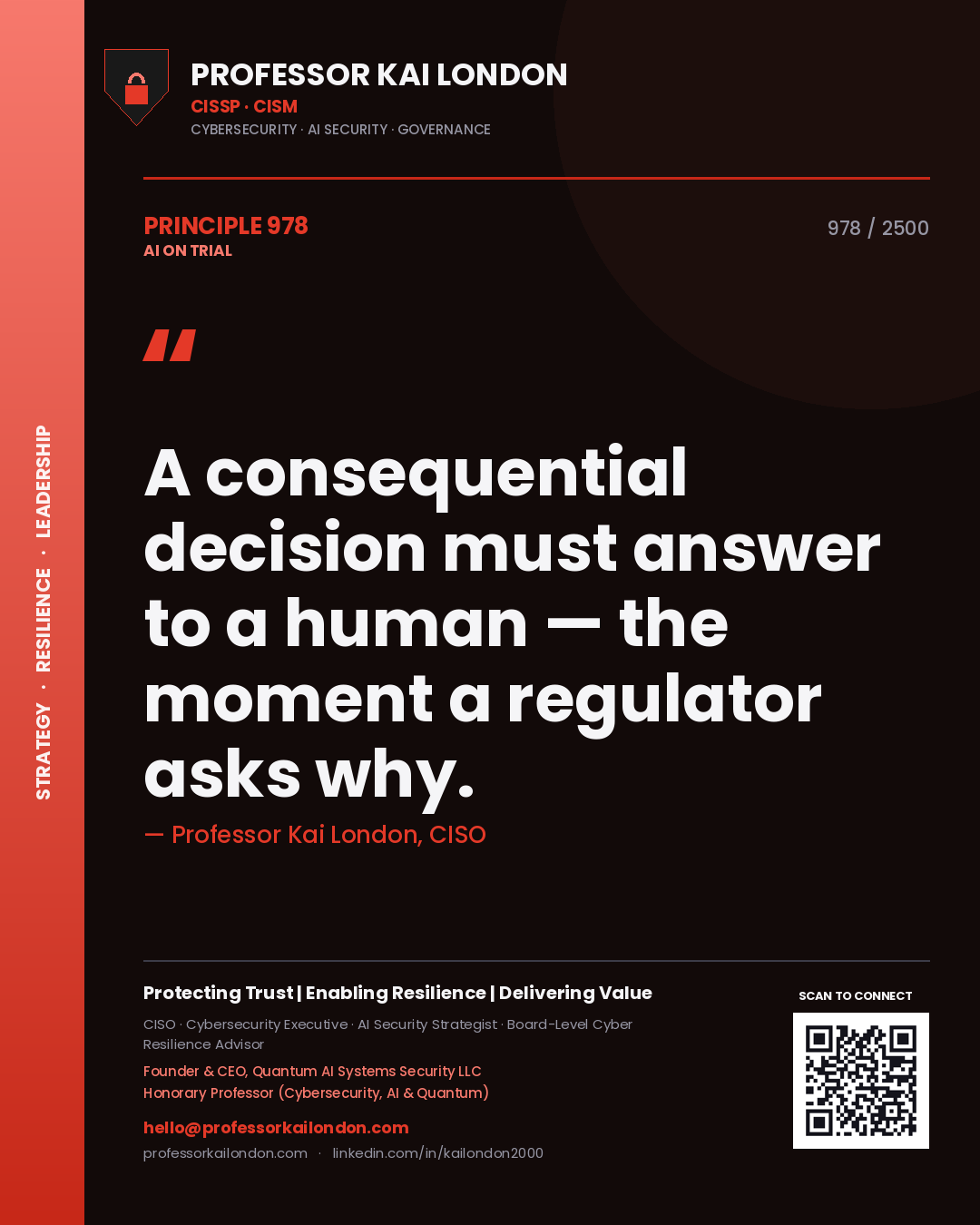 Professor Kai London principle 978: A consequential decision must answer to a human — the moment a regulator asks why.