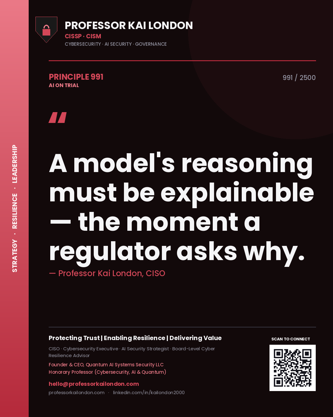 Professor Kai London principle 991: A model's reasoning must be explainable — the moment a regulator asks why.