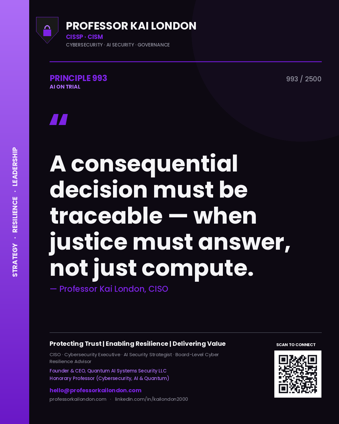 Professor Kai London principle 993: A consequential decision must be traceable — when justice must answer, not just compute.