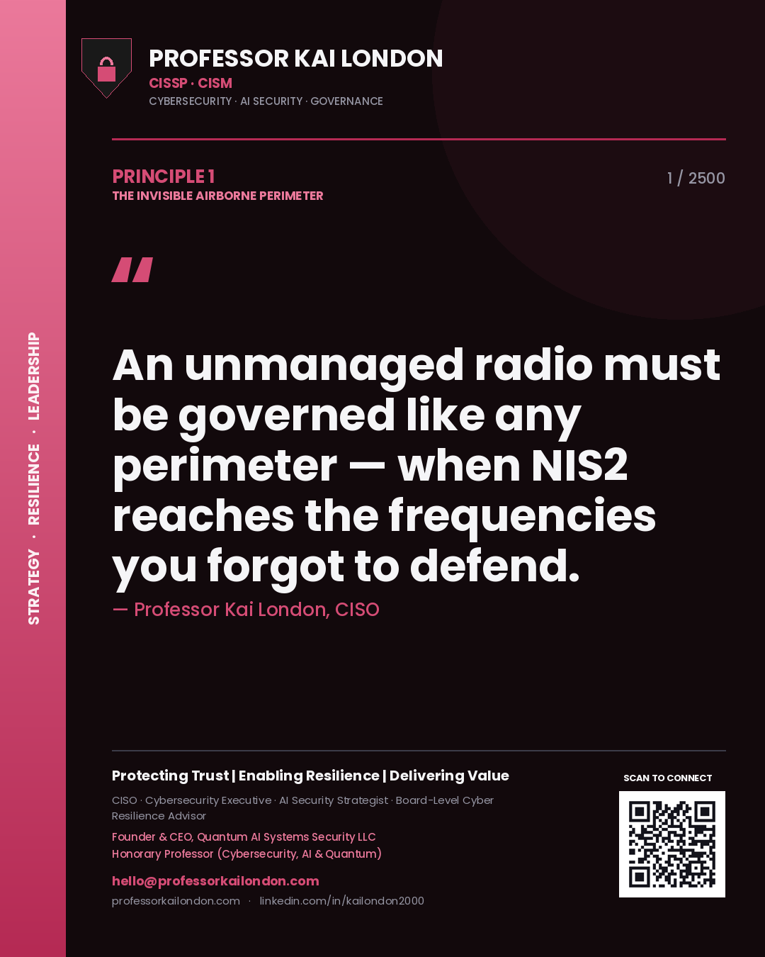 Quote card by Professor Kai London reading 'An unmanaged radio must be governed like any perimeter — when NIS2 reaches the frequencies you forgot to defend.'. From the book The Invisible Airborne Perimeter.