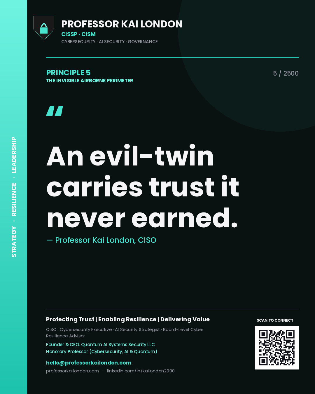 Quote card by Professor Kai London reading 'An evil-twin carries trust it never earned.'. From the book The Invisible Airborne Perimeter.