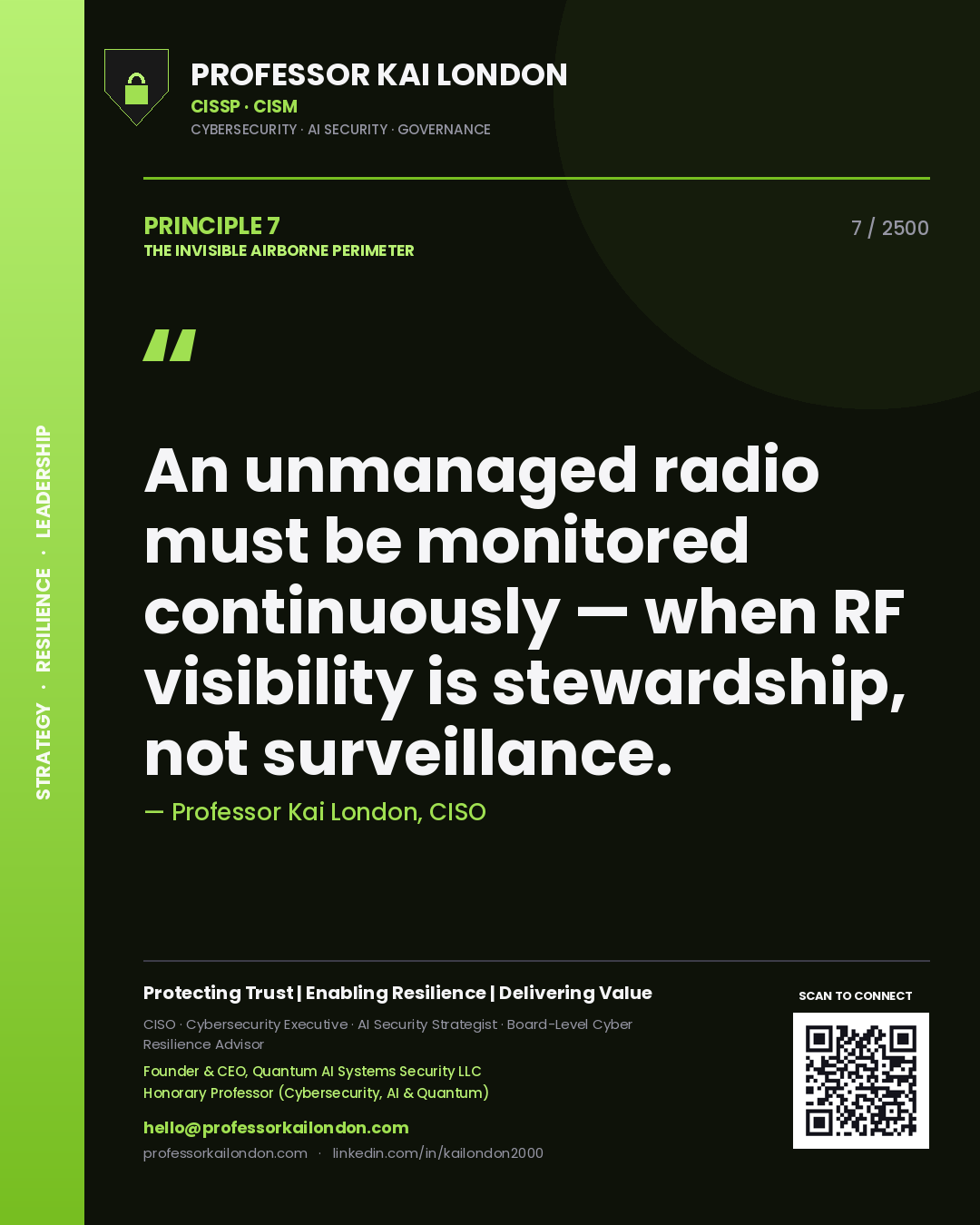 Professor Kai London principle 7: An unmanaged radio must be monitored continuously — when RF visibility is stewardship, not surveillance.