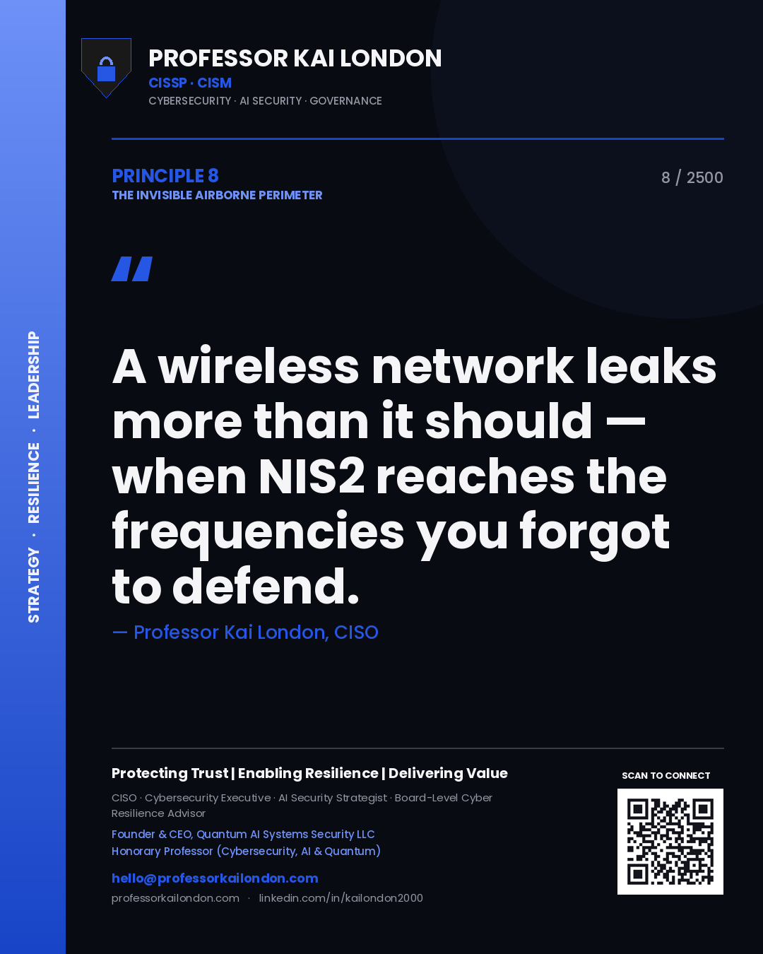 Quote card by Professor Kai London reading 'A wireless network leaks more than it should — when NIS2 reaches the frequencies you forgot to defend.'. From the book The Invisible Airborne Perimeter.
