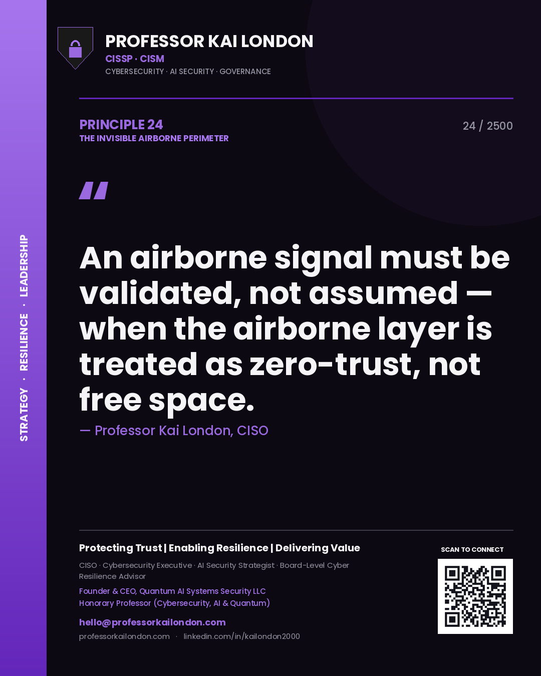 Quote card by Professor Kai London reading 'An airborne signal must be validated, not assumed — when the airborne layer is treated as zero-trust, not free space.'. From the book The Invisible Airborne Perimeter.