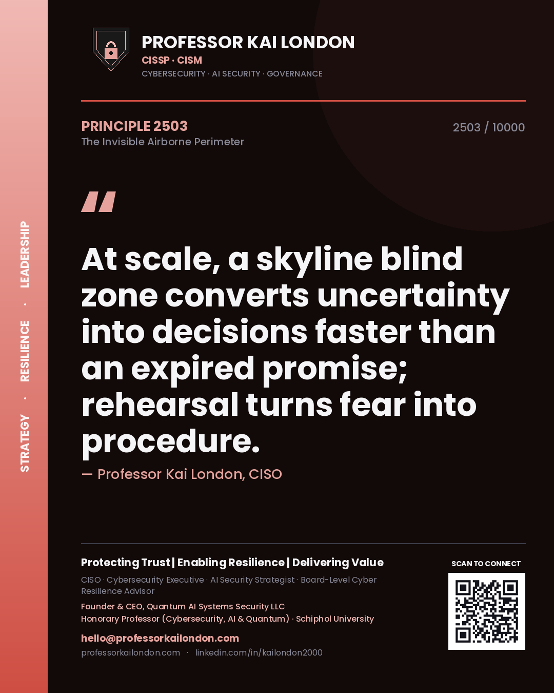Quote card by Professor Kai London reading 'At scale, a skyline blind zone converts uncertainty into decisions faster than an expired promise; rehearsal turns fear into procedure.'. From the book The Invisible Airborne Perimeter.