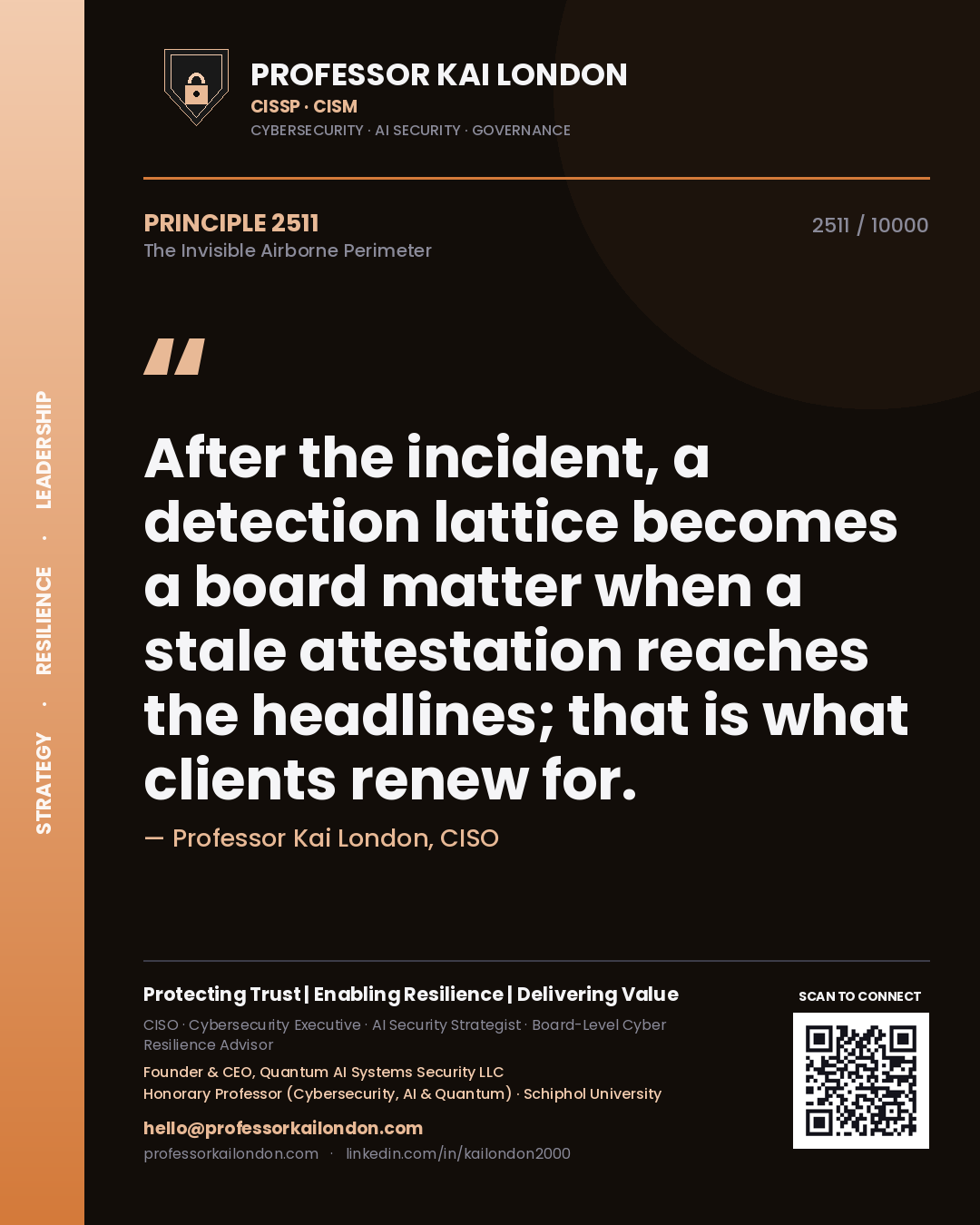 Professor Kai London principle 2511: After the incident, a detection lattice becomes a board matter when a stale attestation reaches the headlines; that is what clients renew for.