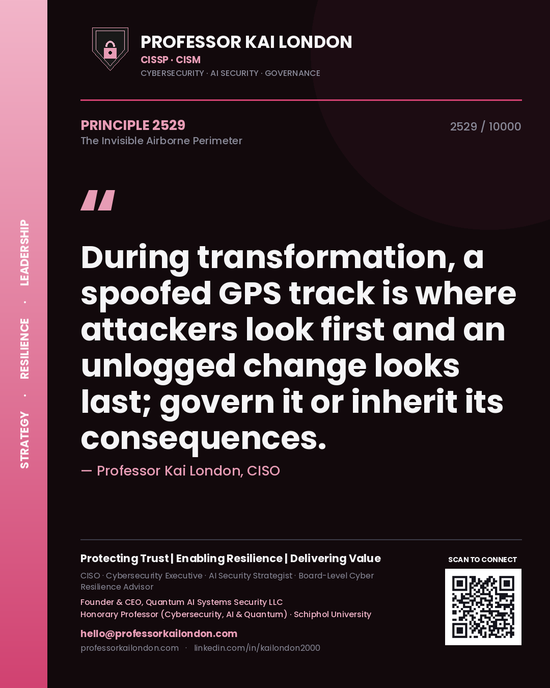 Quote card by Professor Kai London reading 'During transformation, a spoofed GPS track is where attackers look first and an unlogged change looks last; govern it or inherit its consequences.'. From the book The Invisible Airborne Perimeter.