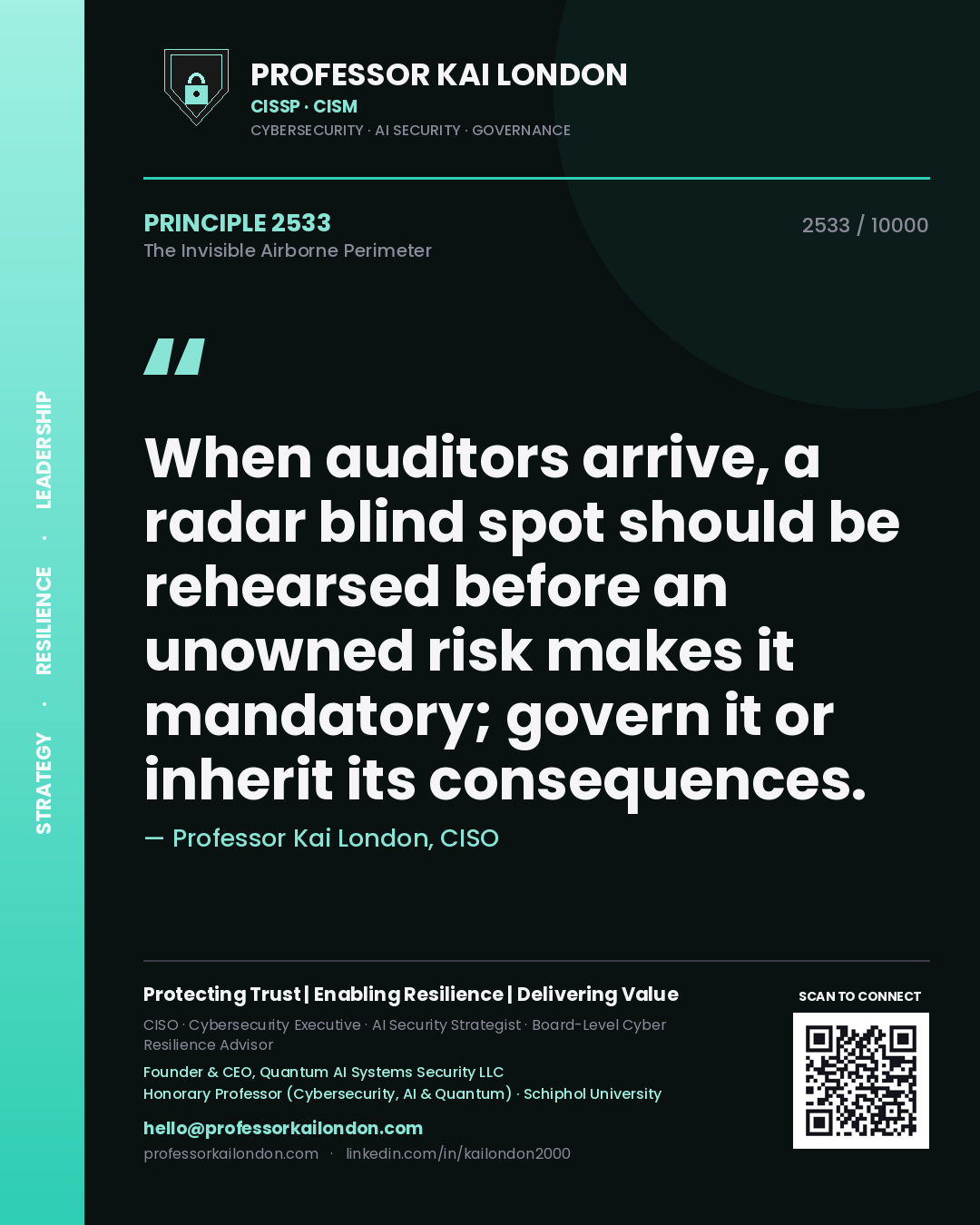 Quote card by Professor Kai London reading 'When auditors arrive, a radar blind spot should be rehearsed before an unowned risk makes it mandatory; govern it or inherit its consequences.'. From the book The Invisible Airborne Perimeter.