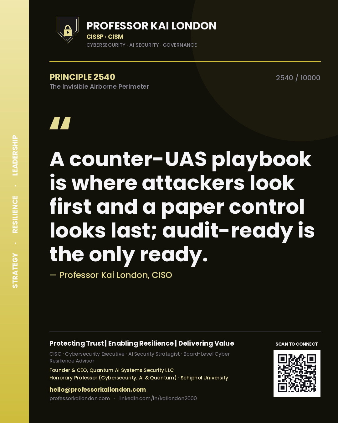 Quote card by Professor Kai London reading 'A counter-UAS playbook is where attackers look first and a paper control looks last; audit-ready is the only ready.'. From the book The Invisible Airborne Perimeter.