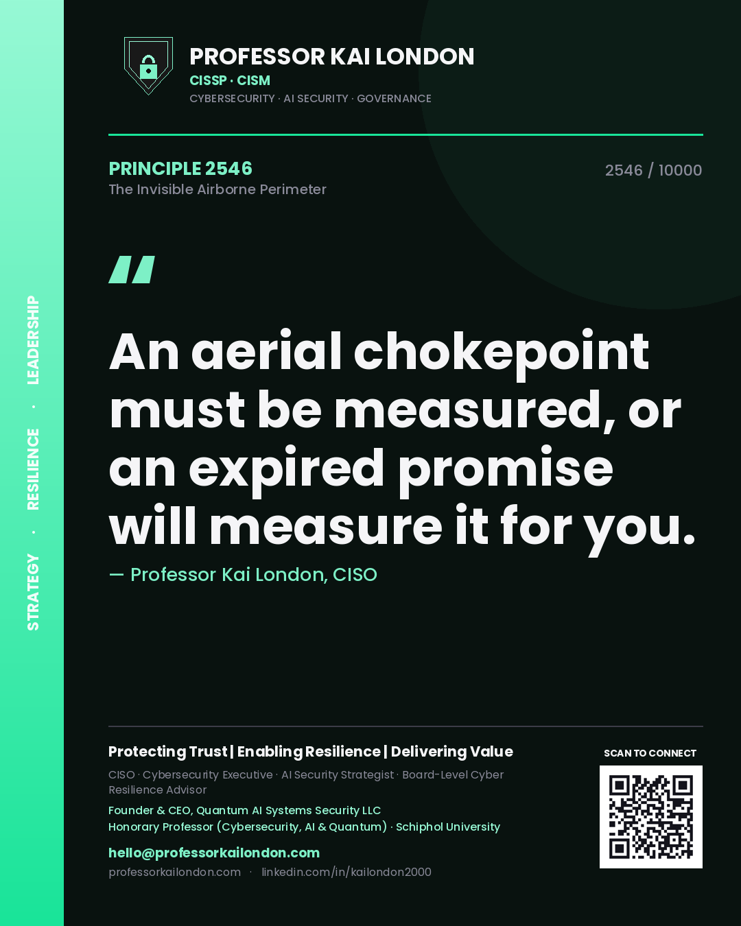 Quote card by Professor Kai London reading 'An aerial chokepoint must be measured, or an expired promise will measure it for you.'. From the book The Invisible Airborne Perimeter.