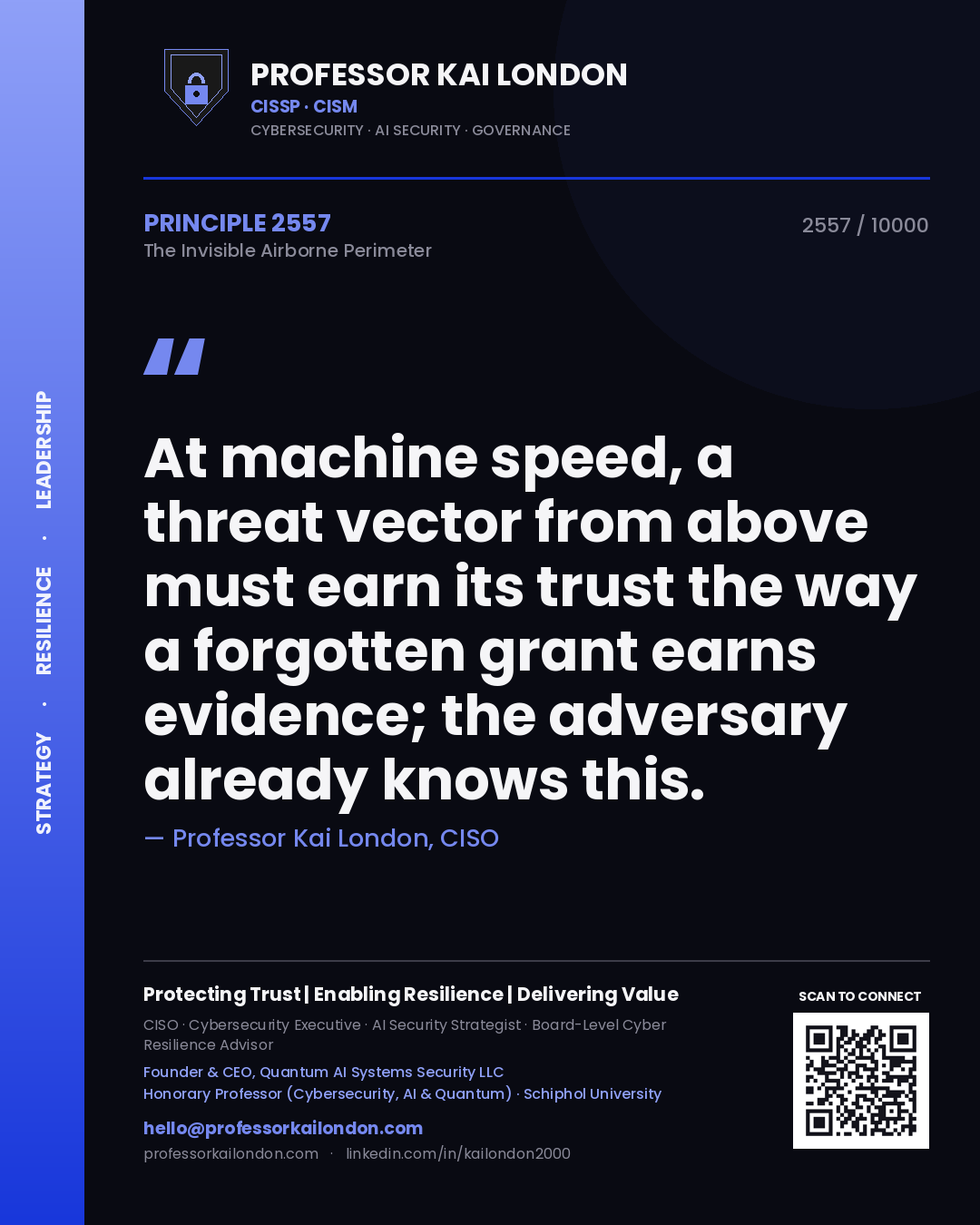 Professor Kai London principle 2557: At machine speed, a threat vector from above must earn its trust the way a forgotten grant earns evidence; the adversary already knows this.