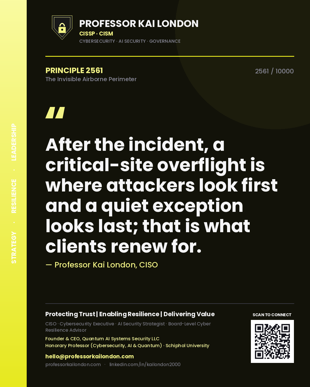 Quote card by Professor Kai London reading 'After the incident, a critical-site overflight is where attackers look first and a quiet exception looks last; that is what clients renew for.'. From the book The Invisible Airborne Perimeter.