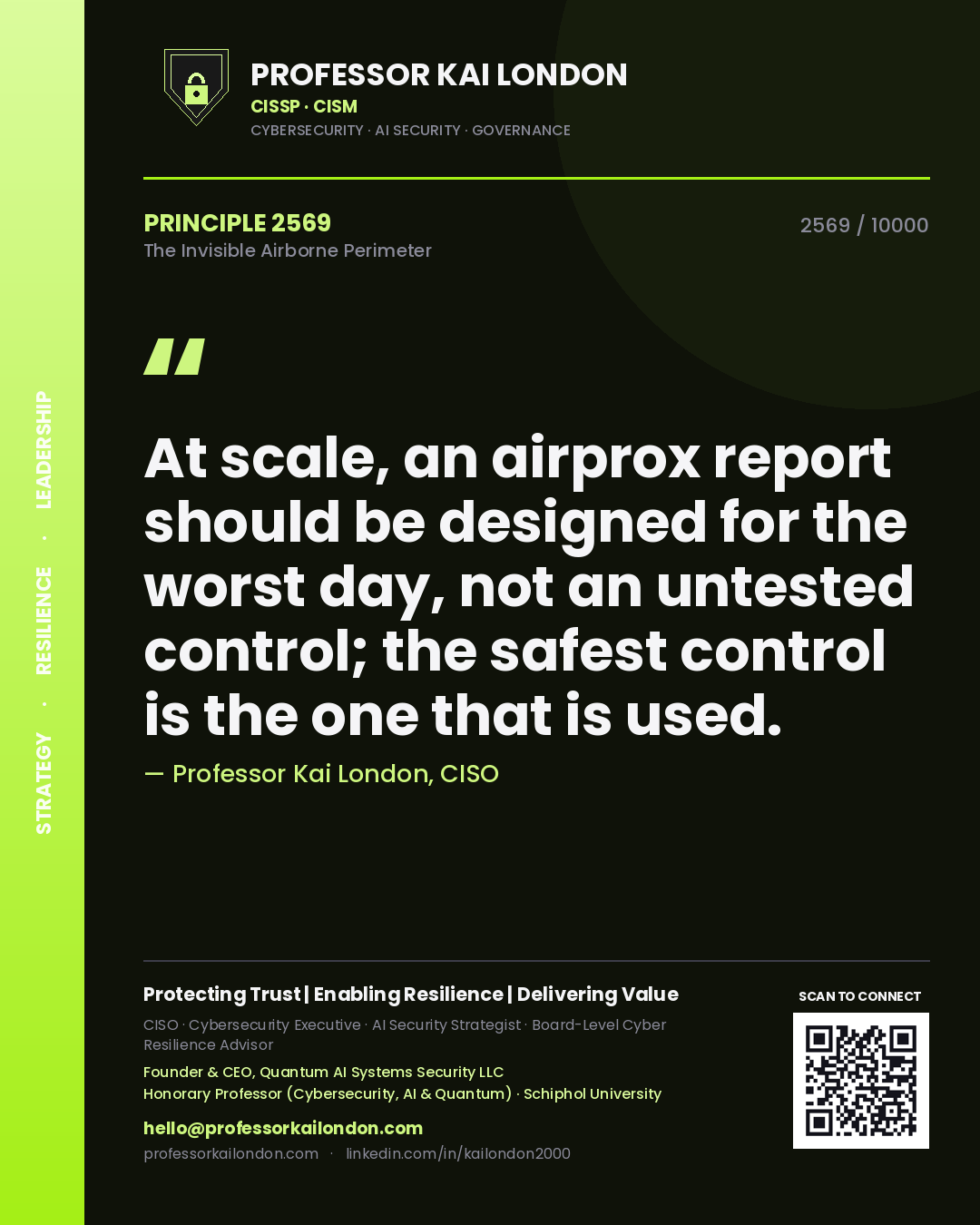 Quote card by Professor Kai London reading 'At scale, an airprox report should be designed for the worst day, not an untested control; the safest control is the one that is used.'. From the book The Invisible Airborne Perimeter.