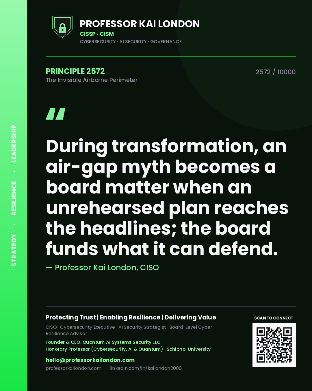 Professor Kai London principle 2572: During transformation, an air-gap myth becomes a board matter when an unrehearsed plan reaches the headlines; the board funds what it can defend.