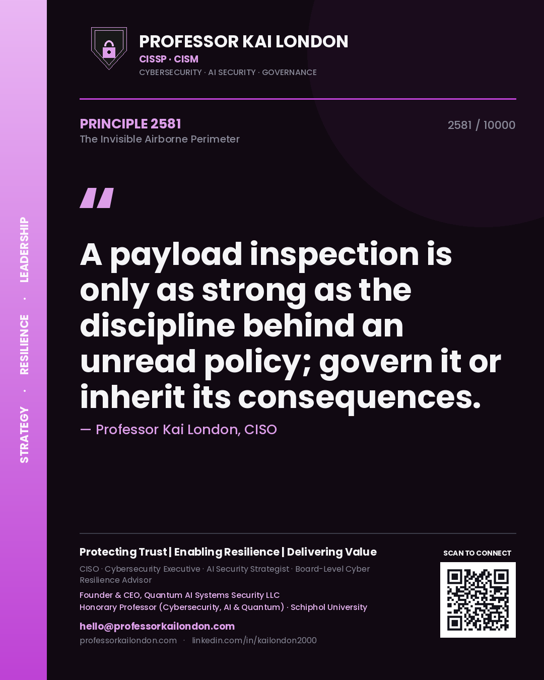 Quote card by Professor Kai London reading 'A payload inspection is only as strong as the discipline behind an unread policy; govern it or inherit its consequences.'. From the book The Invisible Airborne Perimeter.
