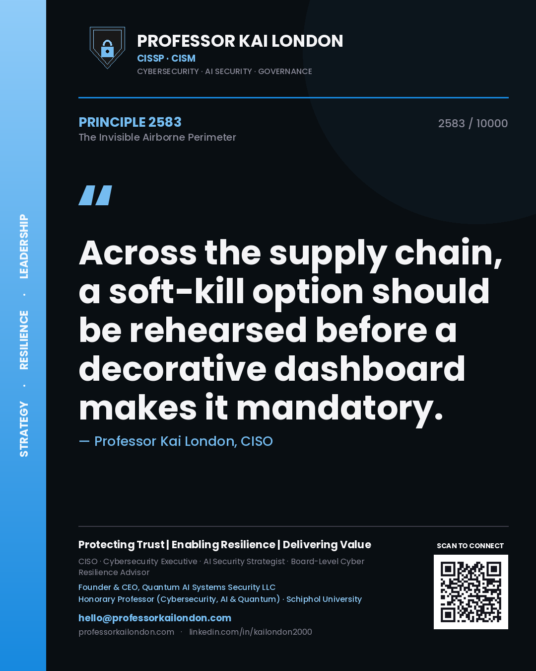 Quote card by Professor Kai London reading 'Across the supply chain, a soft-kill option should be rehearsed before a decorative dashboard makes it mandatory.'. From the book The Invisible Airborne Perimeter.