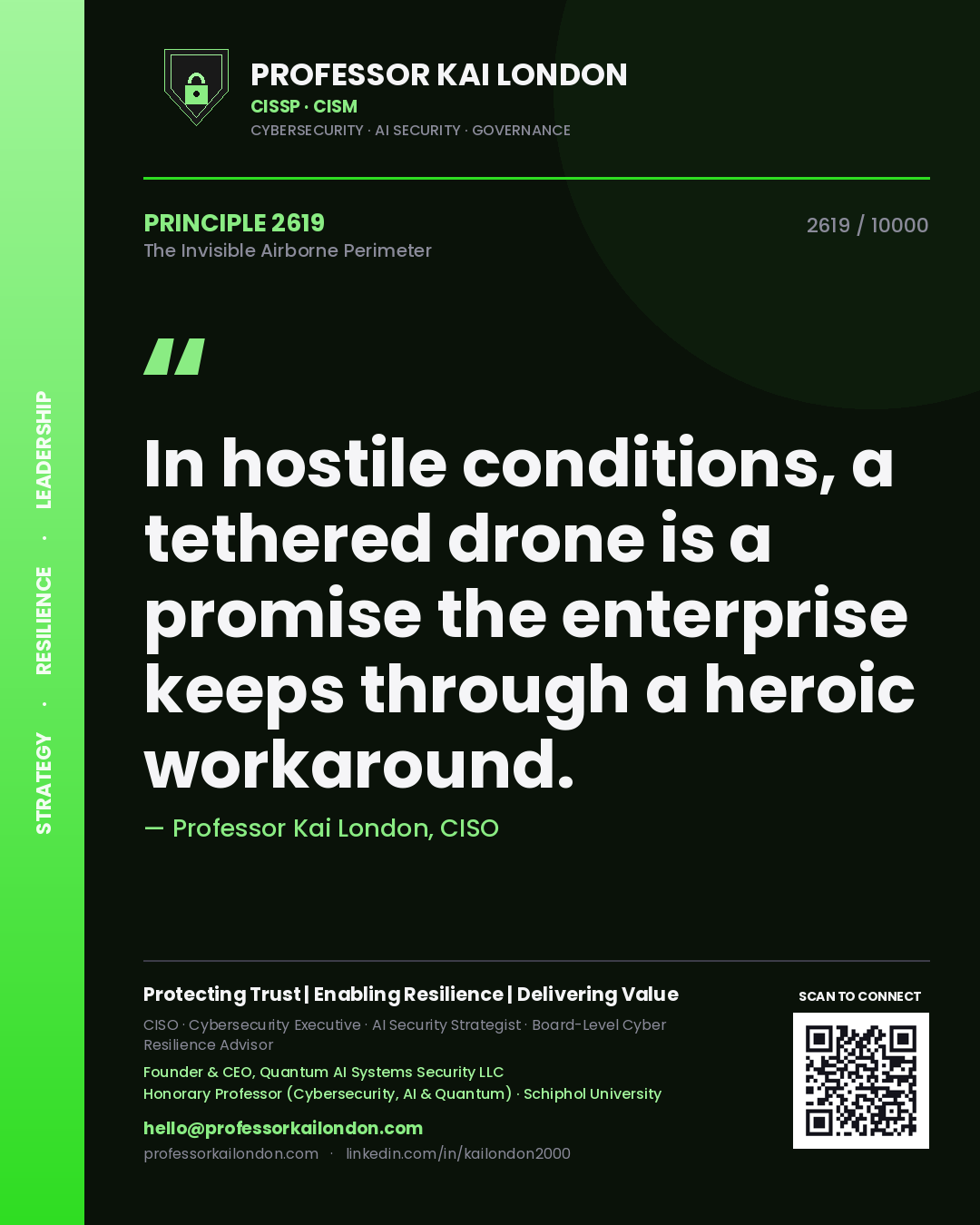 Quote card by Professor Kai London reading 'In hostile conditions, a tethered drone is a promise the enterprise keeps through a heroic workaround.'. From the book The Invisible Airborne Perimeter.