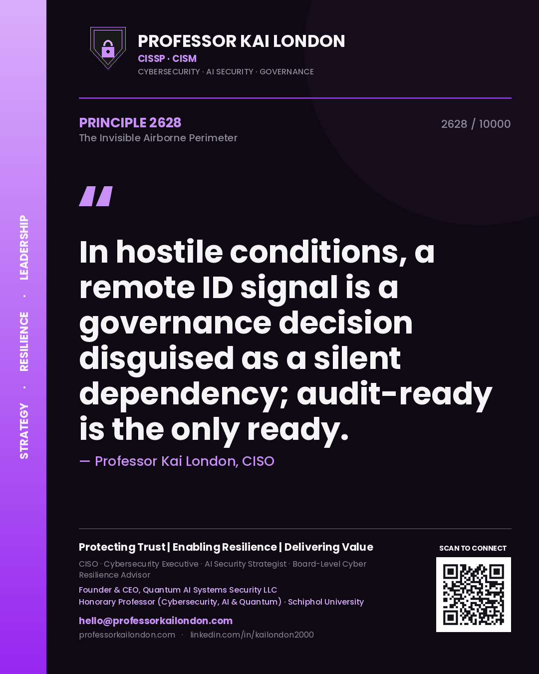 Professor Kai London principle 2628: In hostile conditions, a remote ID signal is a governance decision disguised as a silent dependency; audit-ready is the only ready.