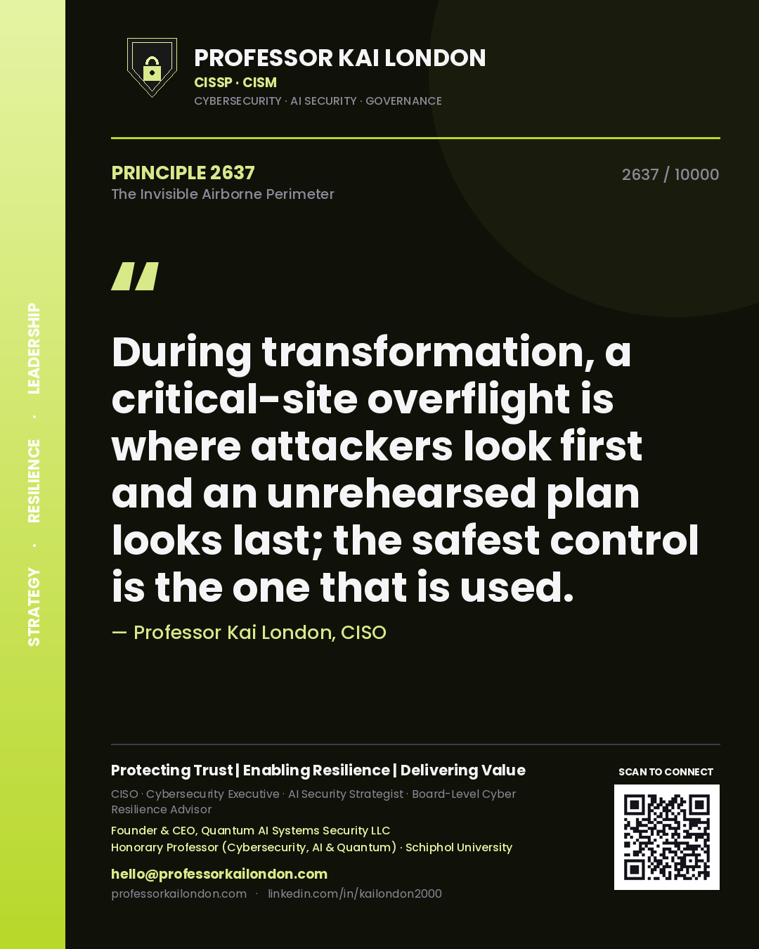 Quote card by Professor Kai London reading 'During transformation, a critical-site overflight is where attackers look first and an unrehearsed plan looks last; the safest control is the one that is used.'. From the book The Invisible Airborne Perimeter.