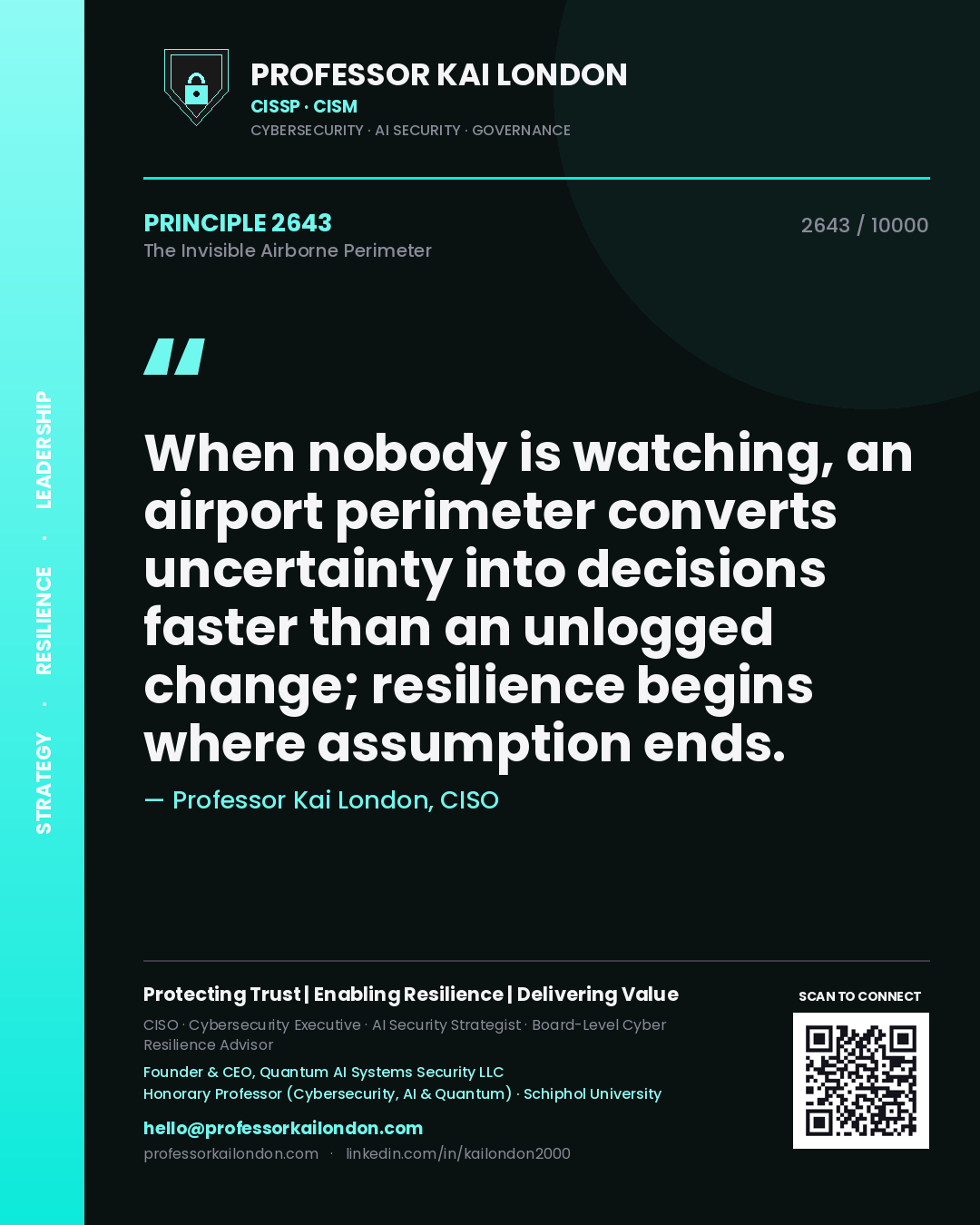 Quote card by Professor Kai London reading 'When nobody is watching, an airport perimeter converts uncertainty into decisions faster than an unlogged change; resilience begins where assumption ends.'. From the book The Invisible Airborne Perimeter.