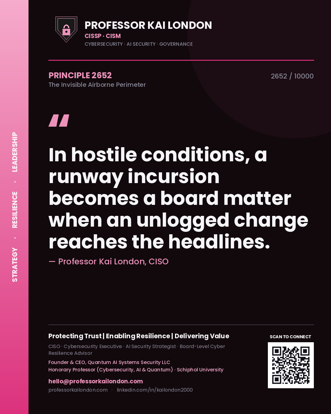 Professor Kai London principle 2652: In hostile conditions, a runway incursion becomes a board matter when an unlogged change reaches the headlines.