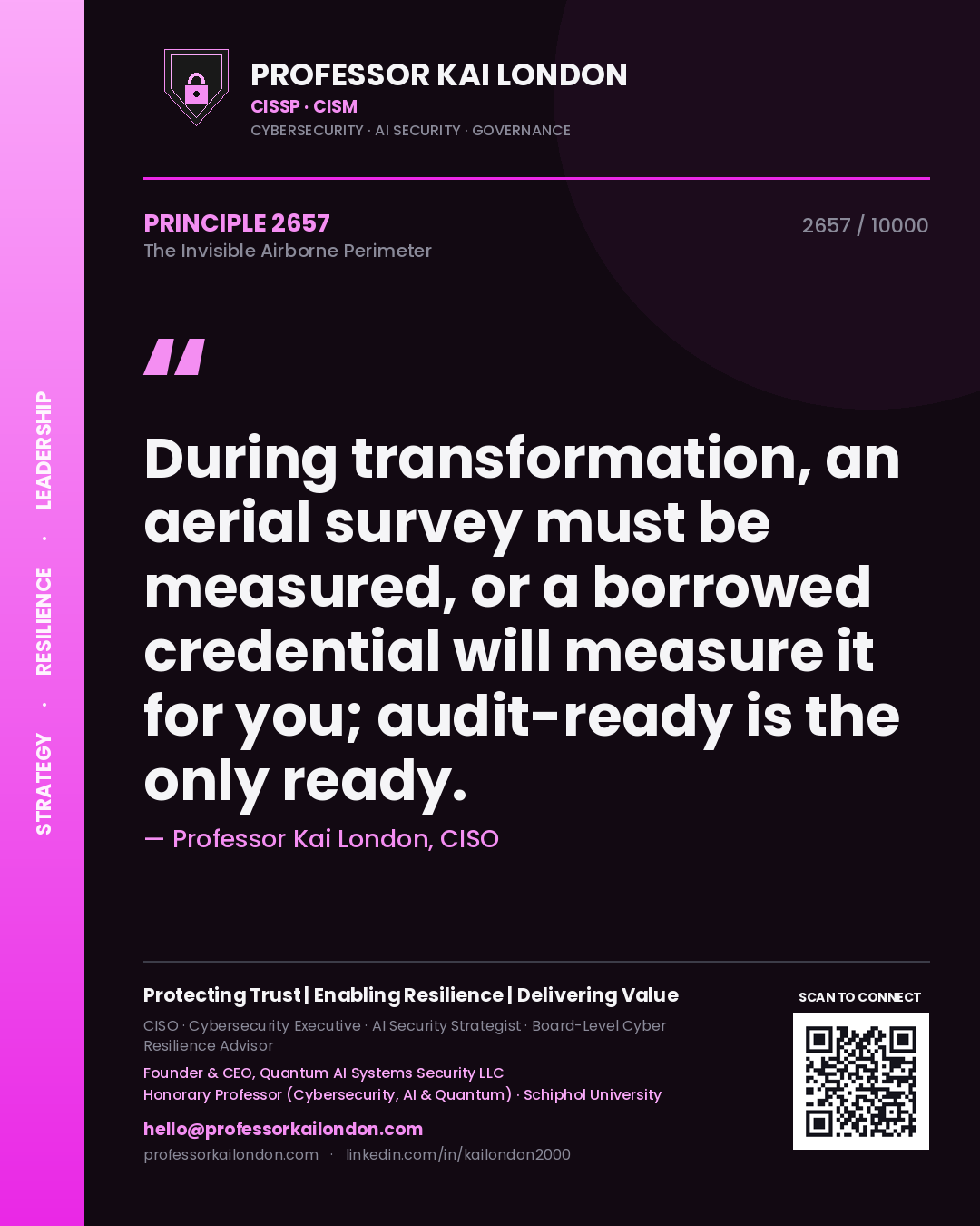 Quote card by Professor Kai London reading 'During transformation, an aerial survey must be measured, or a borrowed credential will measure it for you; audit-ready is the only ready.'. From the book The Invisible Airborne Perimeter.