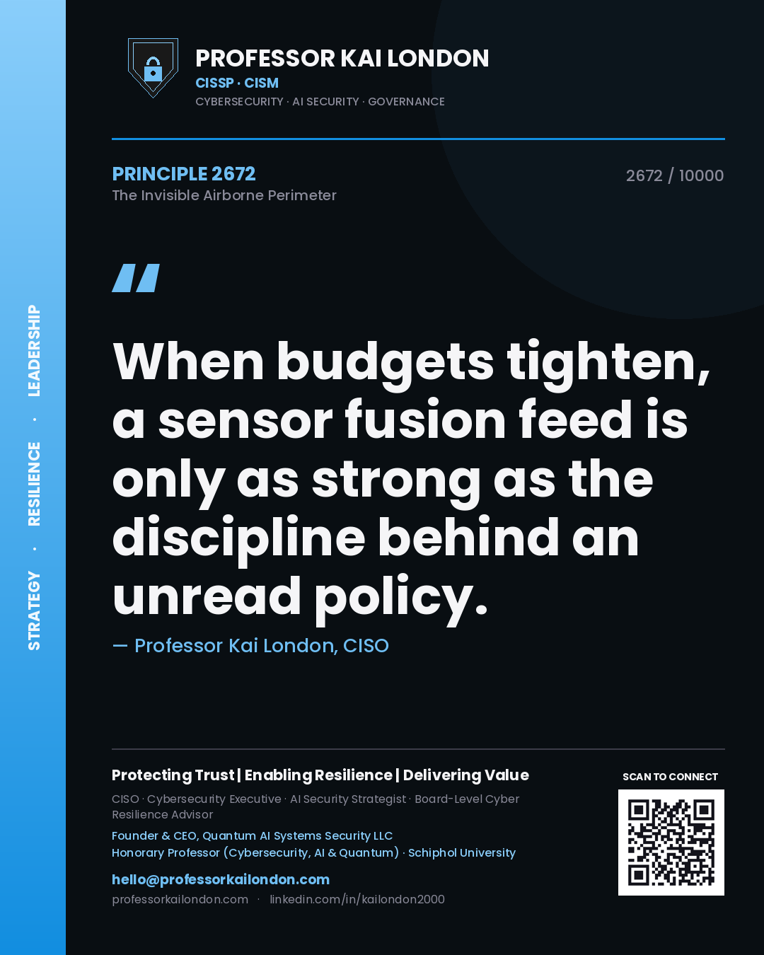 Quote card by Professor Kai London reading 'When budgets tighten, a sensor fusion feed is only as strong as the discipline behind an unread policy.'. From the book The Invisible Airborne Perimeter.