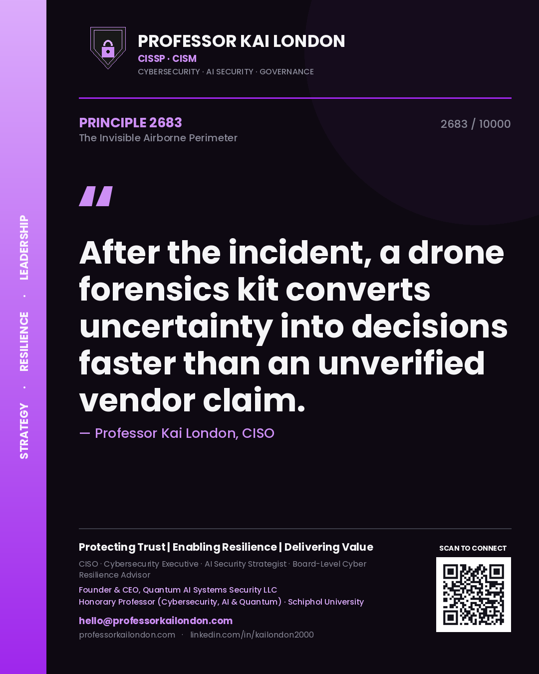 Quote card by Professor Kai London reading 'After the incident, a drone forensics kit converts uncertainty into decisions faster than an unverified vendor claim.'. From the book The Invisible Airborne Perimeter.